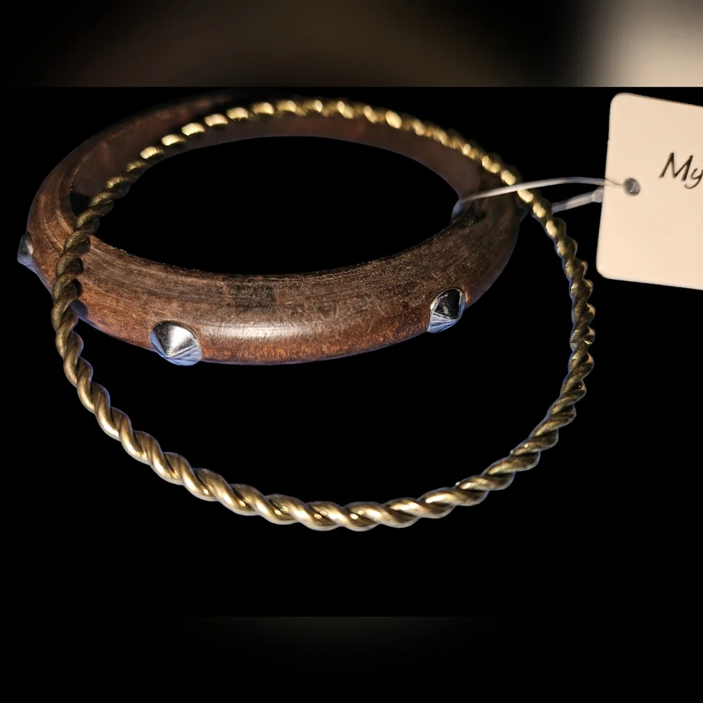 Boho Wood and Gold Twisted Bangle Bracelet Set with Silver Studs